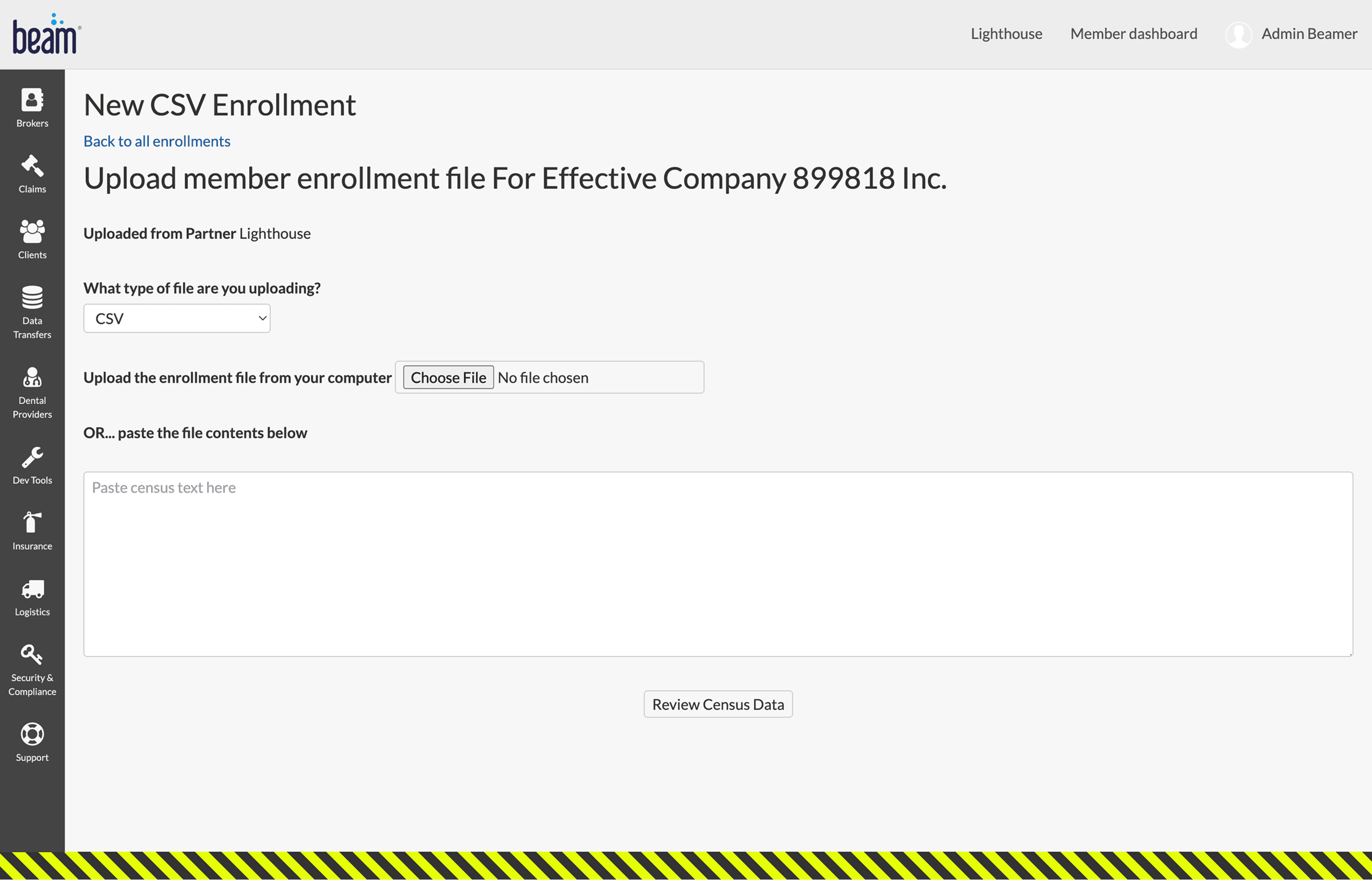 Screenshot of Beam's Admin screen for uploading a census file